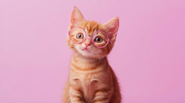 Adorable Ginger Kitten with Glasses on Pink Background - A Playful and Stylish Feline Portrait