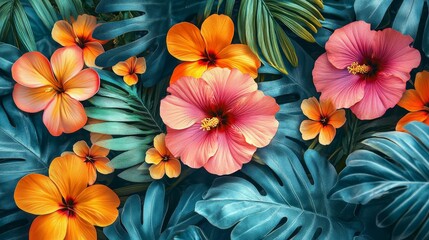 Tropical hibiscus blooms vibrant. Pink, orange flowers, lush leaves. Exotic flora, summer paradise, botanical beauty.