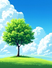 Obraz premium Single Tree on Grassy Hill Under Clear Blue Sky with Fluffy Clouds, Symbolizing Solitude and Tranquility