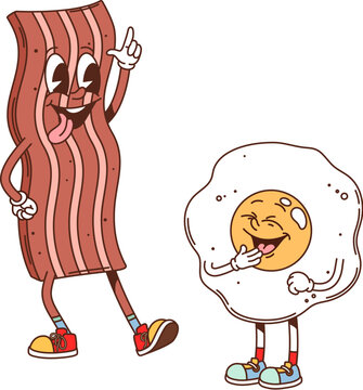 Cartoon groovy fast food bacon and fried egg characters. Fast food breakfast meal cartoon vector personages. Nutrition cholesterol and fat groovy cute characters. Pork bacon and egg laughing mascots
