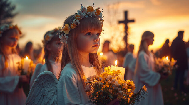 Easter Procession at Sunset with Children Dressed as Angels Carrying Flower Garlands