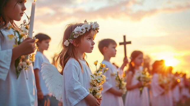 Easter Procession at Sunset with Children Dressed as Angels Carrying Flower Garlands