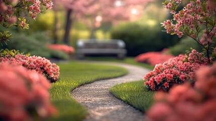 Obraz premium Stroll along a serene garden path surrounded by blooming azaleas in springtime bliss. Generative AI