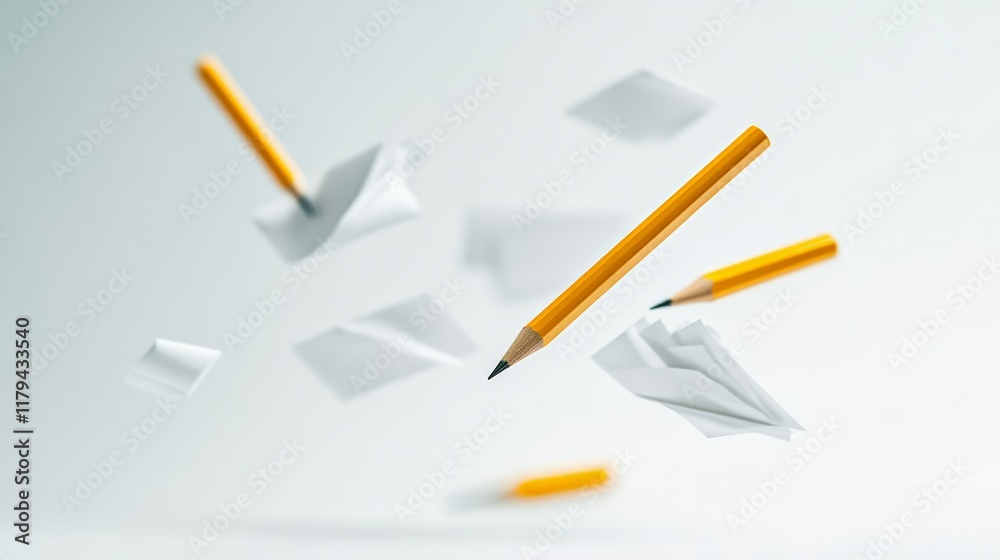 Poster classic yellow pencils and white paper airplanes are levitating on a clean white background, creatin