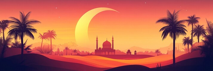 minimalist desert landscape with silhouettes of palm trees and small mosque on the horizon. large crescent moon illuminates scene in center, with warm sunset gradient. religious and spiritual imagery.