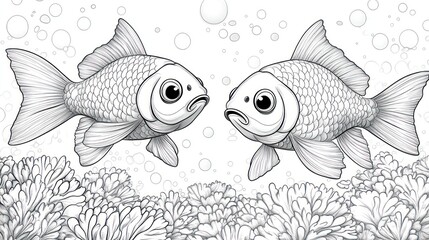 Fototapeta premium Two goldfish facing each other underwater, amidst coral.