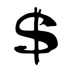Hand drawn dollar currency symbol. Brush stroke doodle. Single element for design