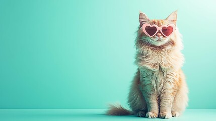 Adorable Fluffy Cat Wearing Heart-Shaped Sunglasses: A Fashionable and Whimsical Feline Portrait in Vibrant Style