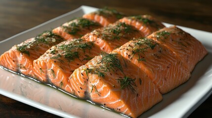 Deliciously prepared salmon fillets garnished with fresh herbs on a white platter. Generative AI