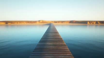 Wooden pier stretches across calm waters under clear sky at sunset near serene landscape....