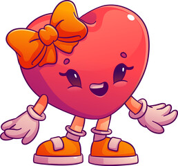 Cartoon groovy valentine day girl heart character with a bow and retro sneakers. Isolated cute and playful vector holiday personage exudes cheerful emotions and feelings, embodies festive season