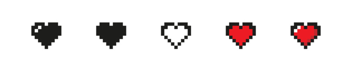 Obraz premium Pixel love, heart simple icon set. Heart shape badge simple illustration. Love symbol in black, red and white in vector flat style