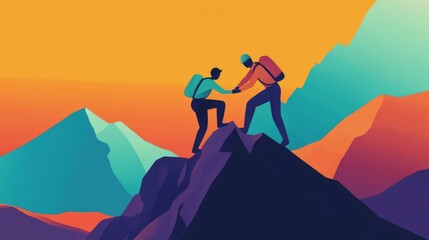 Captivating Mountain Hiking Adventure at Sunset: A Symbol of Teamwork, Exploration, and Achievement in Nature's Vibrant Landscape