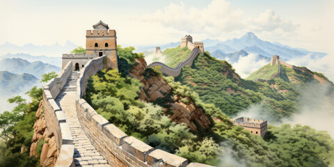 Fototapeta premium stunning watercolor of Great Wall of China winding through lush mountains