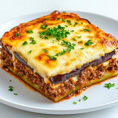 Savory Layered Dish with Beef, Cheese, and Fresh Herbs on Plate