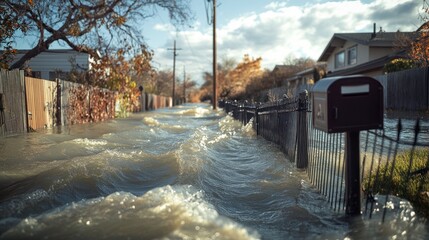 Flooded residential street with rising water levels and damaged fencing during a stormy afternoon. Generative AI