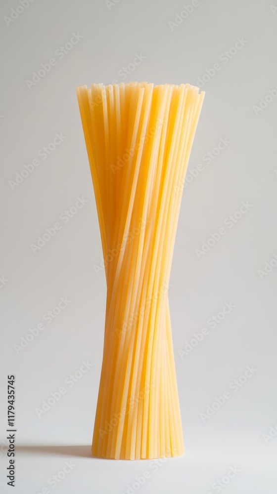 Poster uncooked spaghetti forming a levitating bunch with a slight twist in the middle, standing on a white