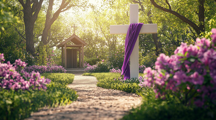 Peaceful Easter Garden with Blooming Flowers and White Cross Symbolizing Spiritual Renewal