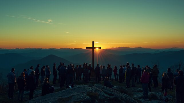 Serene Easter Sunrise Service on a Mountaintop with Worshippers Gathered Around a Wooden Cross