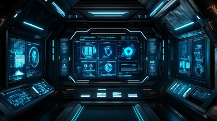 Obraz premium Futuristic Control Room with Advanced Digital Interfaces and High-Tech Displays in a Cyber Setting