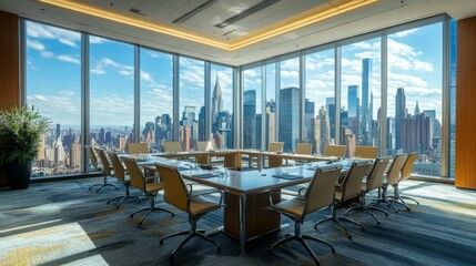 Stunning Conference Room with Panoramic City Skyline View and Elegant Modern Design