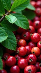 A bed of red berries is partially hidden beneath a layer of lush green leaves, garden, closeup, berries