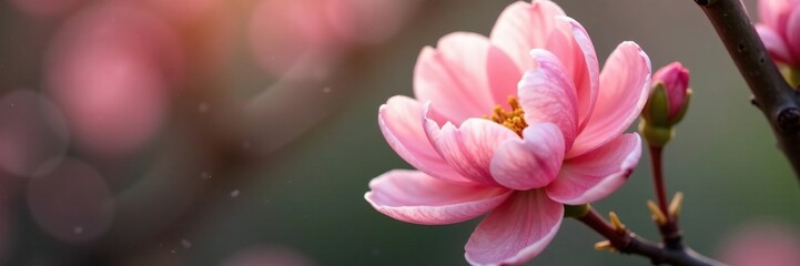 A delicate peach blossom unfurls its petals slowly, bloom, blossom, fuzzy