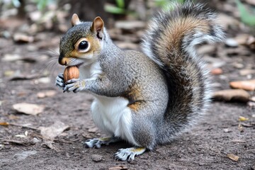 Fototapeta premium Close-Up Shot of a Squirrel Nibbling on a Nut in a Blurred Forest Floor with Natural Lighting and Raw Style for Nature and Wildlife Photography