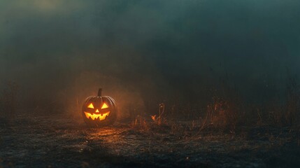 Eerie Halloween Night: Glowing Jack-o'-Lantern Lighting Up a Spooky Autumn Field Under a Mysterious Moonlit Sky