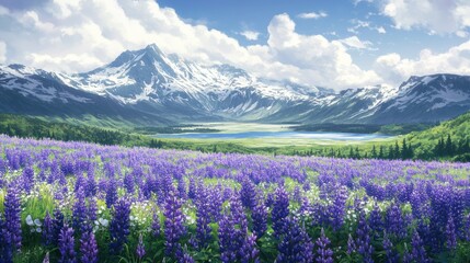 Fototapeta premium Mountain lake lupine field summer scenic travel poster