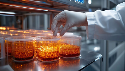 Obraz premium close up of hand of researcher organizing test cultures