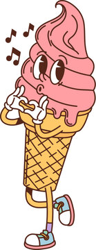 Naklejki Cartoon groovy fast food ice cream cone character. Fast food frozen dessert funny personage, vanilla ice cream waffle cone cartoon groovy isolated vector character or mascot singing or whistling