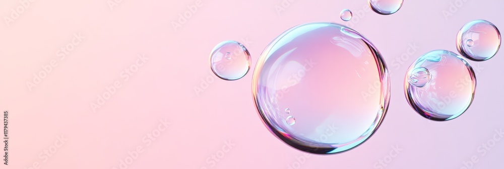 Poster Multiple iridescent soap bubbles of varying sizes are levitating against a soft gradient backdrop, creating a dreamy and ethereal atmosphere