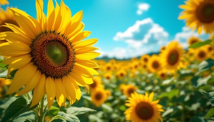 Obraz premium Vibrant Sunflower Field Basking in Summer Sunshine A Stunning Display of Nature's Beauty