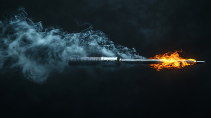 A metallic object emitting flames and smoke, suggesting a weapon or tool in action.