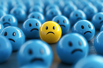 Sad balls and yellow in center stock images. Single sad yelow. Depressed balls on a blue background images