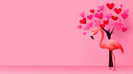 Flamingo and Heart, Valentine's Day, A high-fidelity stock image of a flamingo standing beside a space designated for text, suitable for creative and commercial projects.