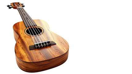 Fototapeta premium A beautifully crafted wooden ukulele resting on a smooth white surface reflecting natural light, showcasing fine details and craftsmanship on transparent background