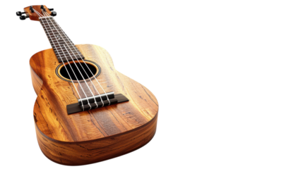 A beautifully crafted wooden ukulele resting on a smooth white surface reflecting natural light, showcasing fine details and craftsmanship on transparent background