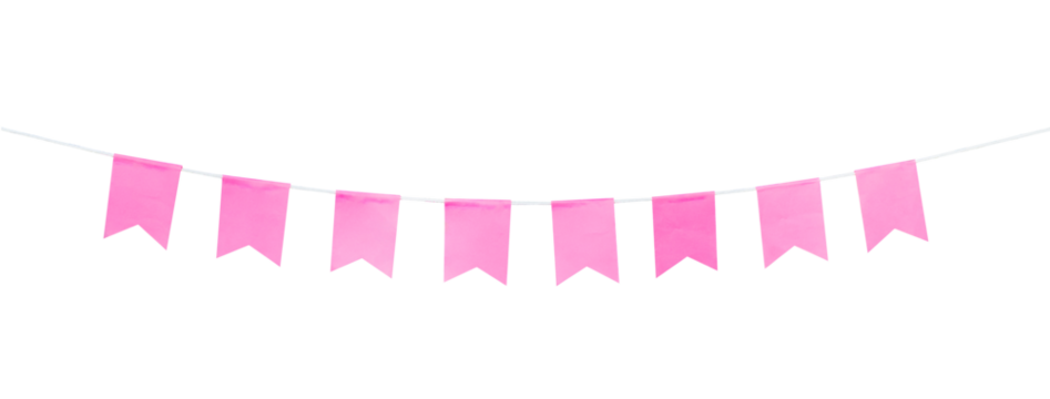pink party flag on white background. birthday party celebration decoration, anniversaries, new year, christmas