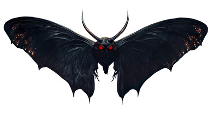 Black Mothman with Red Eyes - Scary Halloween Creature, Detailed Dark Winged Monster, Isolated on Transparent Background