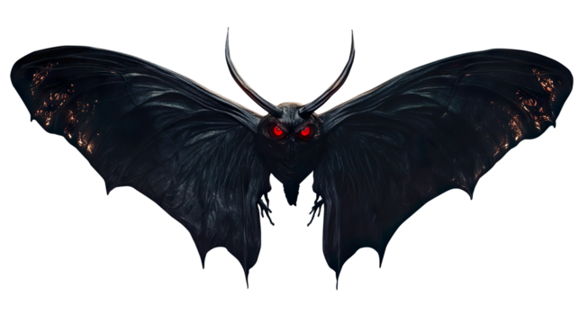 Black Mothman with Red Eyes - Scary Halloween Creature, Detailed Dark Winged Monster, Isolated on Transparent Background