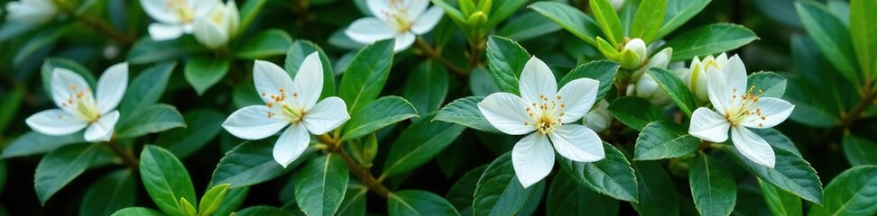 Fototapeta premium Evergreen shrub with glossy dark green leaves and vibrant white flowers, winter interest, blooming shrub, dense foliage