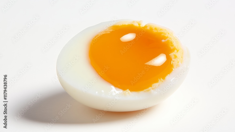 Poster perfectly cooked boiled egg cut in half, showcasing its bright yellow yolk and firm white, levitatin
