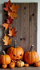 Carved pumpkins and fall leaves on a wooden plank wall hanging, cozy, pumpkins, fall