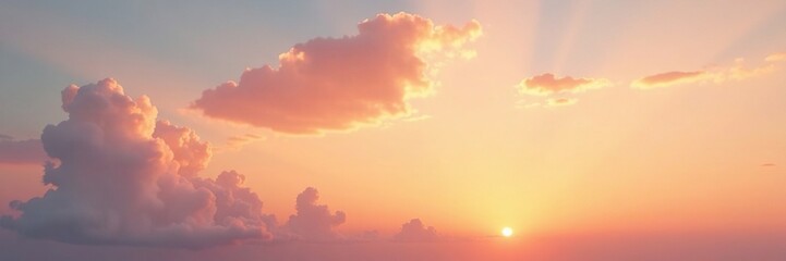 Gentle hues of peach and apricot illuminate a serene sunset sky with cotton-like cloud formations and a few stray strands of stratus clouds, peach, sunset, natural