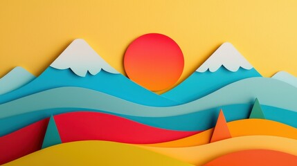 Colorful Paper Cut Landscape with Sun and Mountains