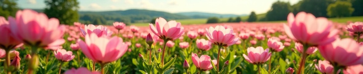 Obraz premium Sunny fields of pink flowers blooming on potato plants, potato field, sunny day, flower field