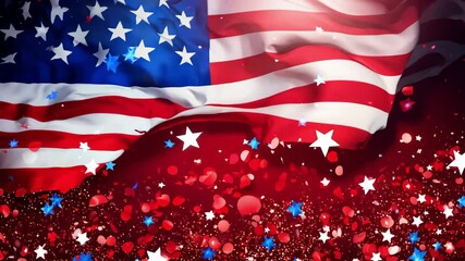 Animated American flag on red background with stars. President's Day. USA Day. American Independence Day. Patriotic memorial american composition red style decoration patriotism day abstract minimalis