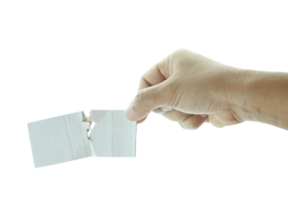 Female hand holding Shredded paper isolated on white background.